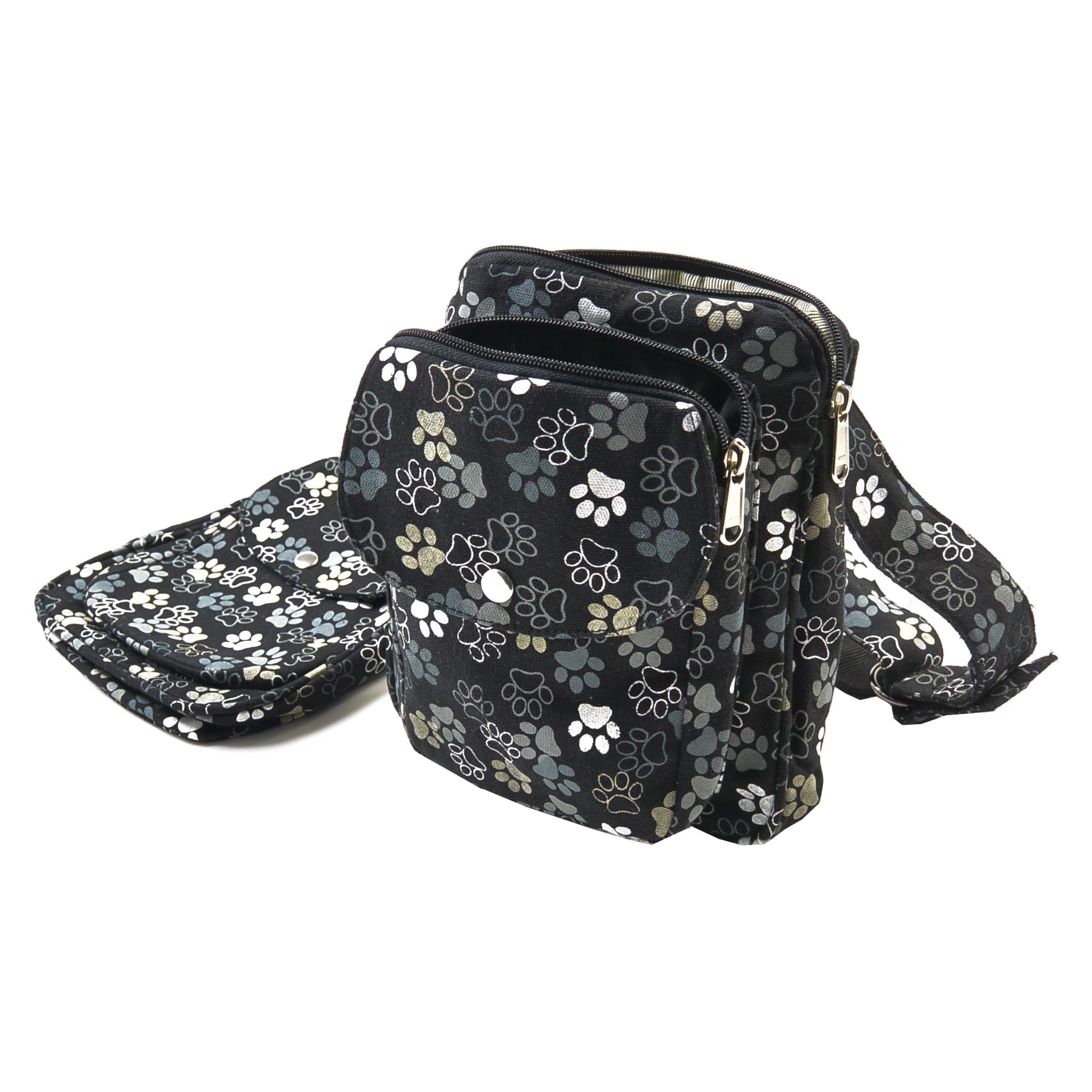 Doppelte Gassitasche aus Canvas in Schwarz mit großen Pfoten-Design, Gürtel und auswaschbarem Leckerlifach. 