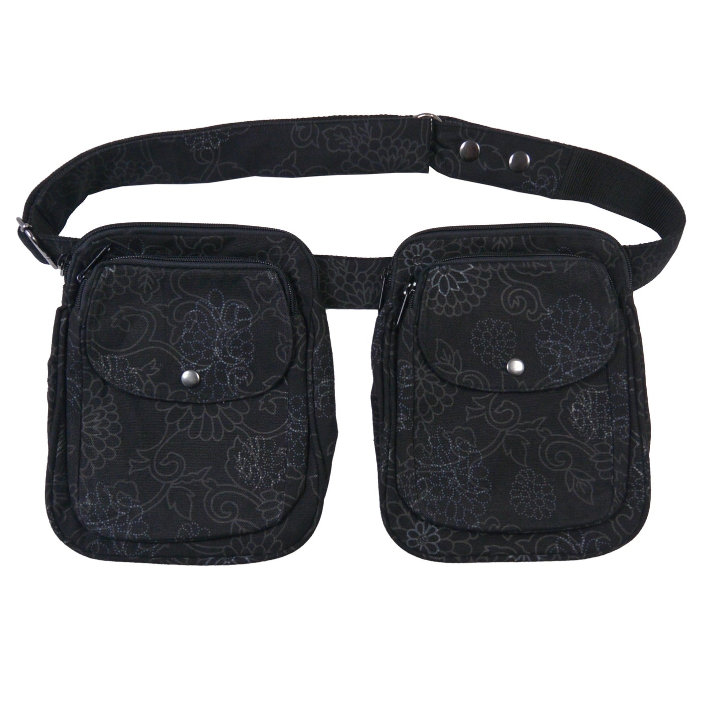 Doppelte-Gassitasche aus Canvas, Schwarz mit floralen Ornamenten. Inkl. Gürtel und extra auswaschbarem Leckerlifach.