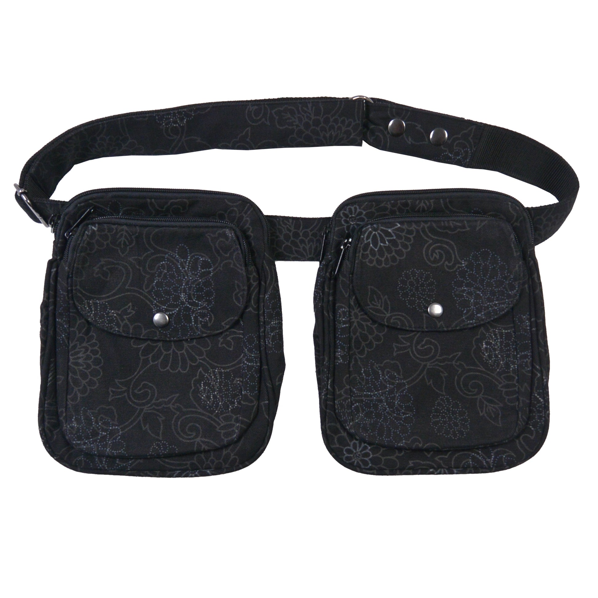 Doppelte-Gassitasche aus Canvas, Schwarz mit floralen Ornamenten. Inkl. Gürtel und extra auswaschbarem Leckerlifach.