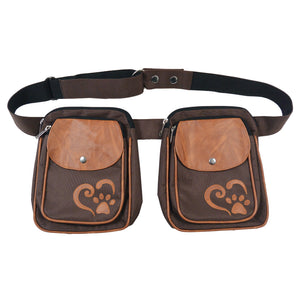 Gassitaschen-Set mit Gürtel aus wasserabweisendem Stoff in Kastanienbraun, mit Herz- und Pfotenapplikation, ideal für Leckerlis und Zubehör.