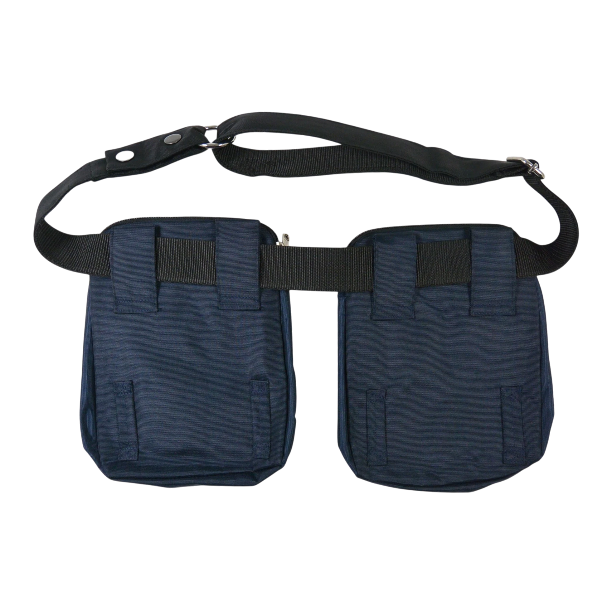 Rückseite der doppelten Gassi-Tasche Dresden in Dunkelblau mit verstellbarem Gürtel