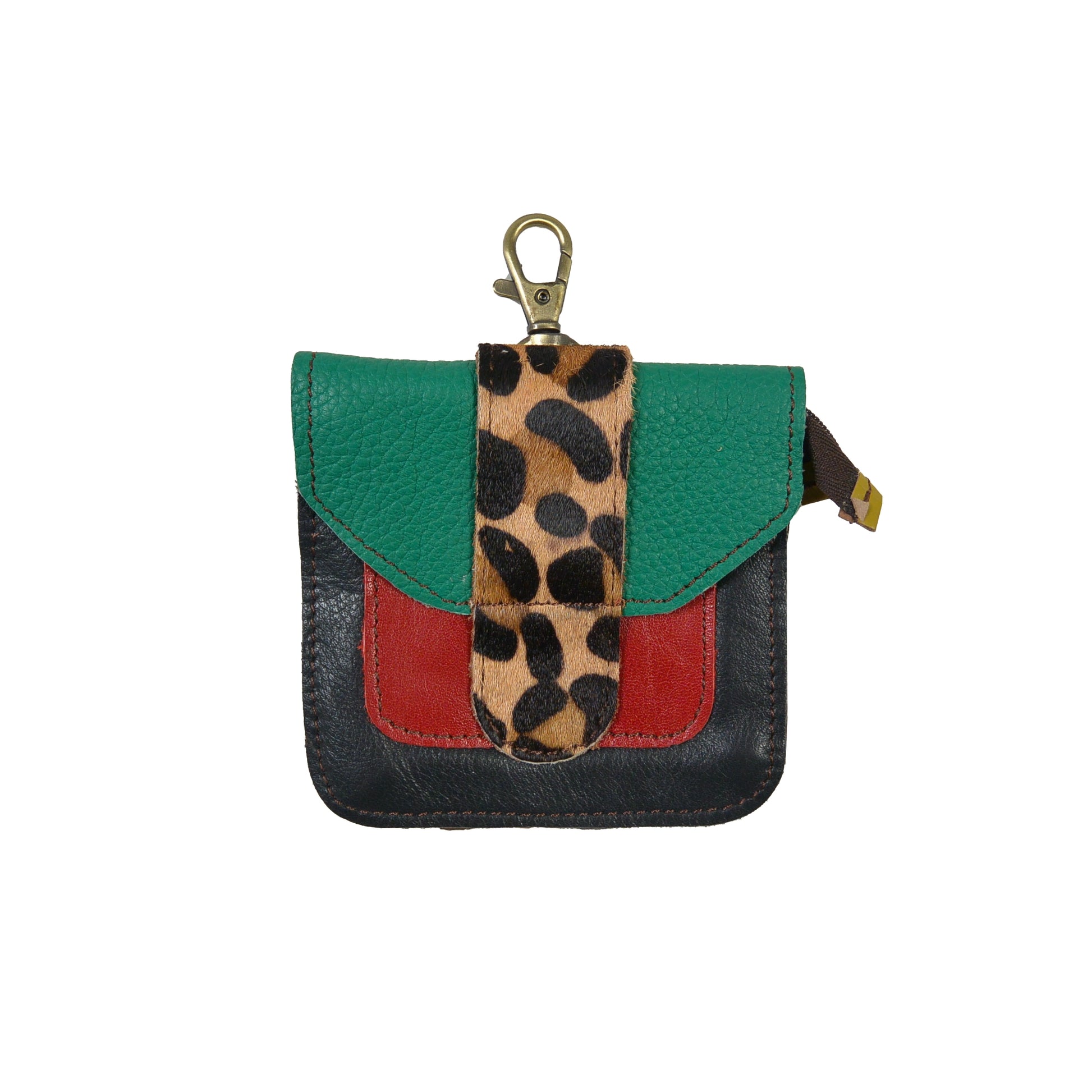 Kleines Leder Portemonnaie mit Karabiner in Grün-Rot-Schwarz und Leoparden-Print Klappe – Nijens