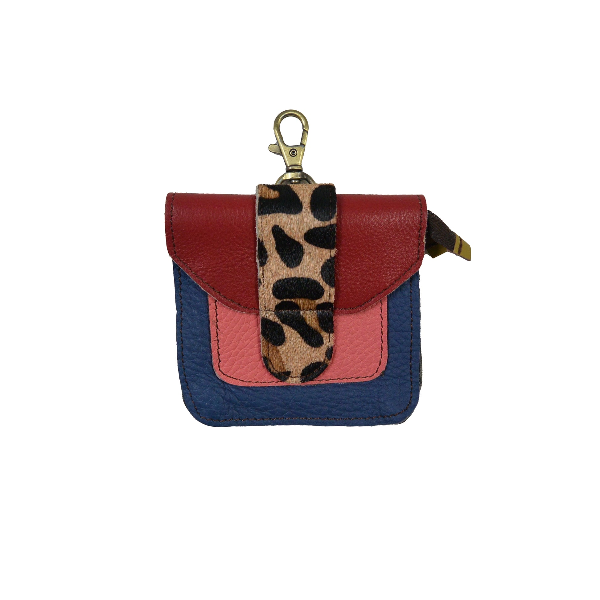Kleines Leder Portemonnaie mit Karabiner in Rot-Pink-Blau und Leoparden-Print Klappe – Nijens