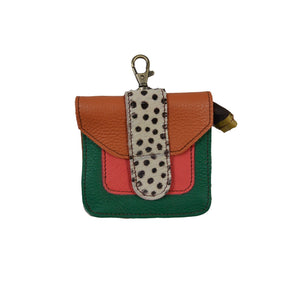 Kleines Leder Portemonnaie mit Karabiner in Orange-Rot-Grün und Leoparden-Print Klappe – Nijens