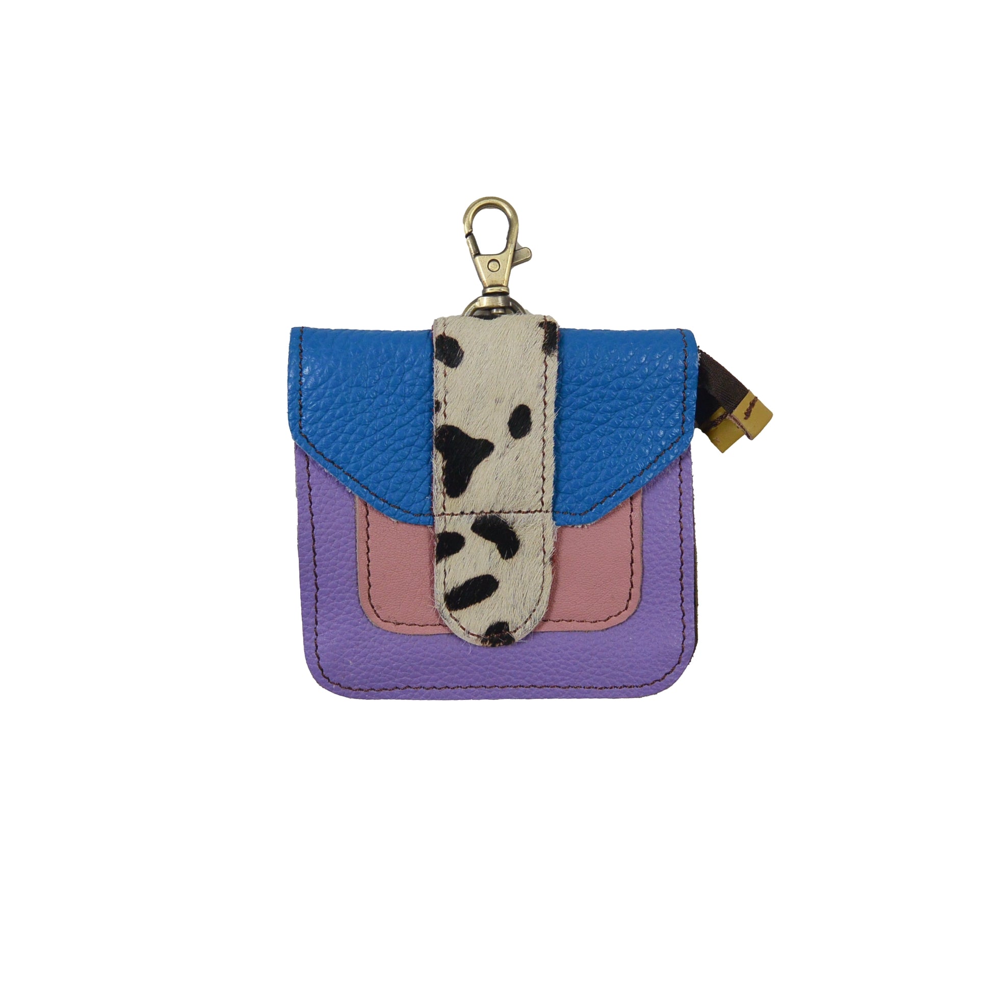 Kleines Leder Portemonnaie mit Karabiner in Blau-Rosa-Lila und Gepard-Print Klappe – Nijens