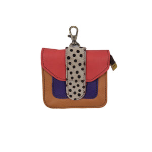 Kleines Leder Portemonnaie mit Karabiner in Orange-Lila-Rosa und Gepard-Print Klappe – Nijens