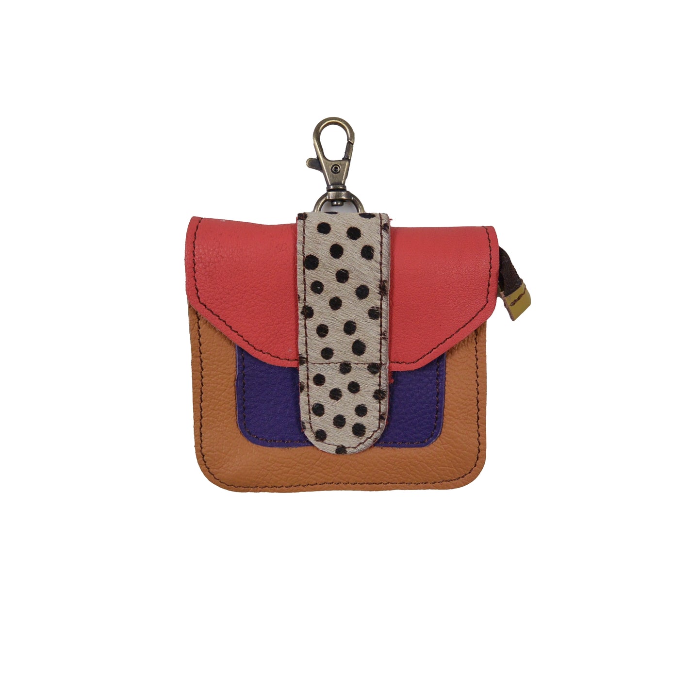 Kleines Leder Portemonnaie mit Karabiner in Orange-Lila-Rosa und Gepard-Print Klappe – Nijens