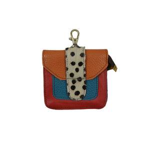 Kleines Leder Portemonnaie mit Karabiner in Orange-Blau-Rot und Gepard-Print Klappe – Nijens
