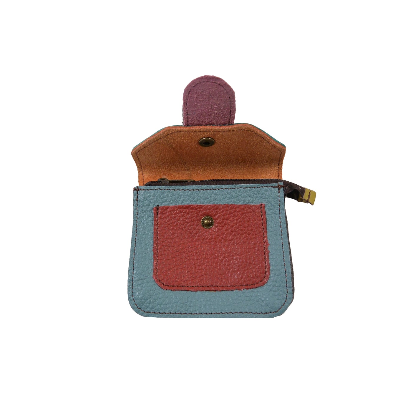 Kleines Leder Portemonnaie mit Karabiner in Braun-Rot-Petrol und Klappe – Nijens