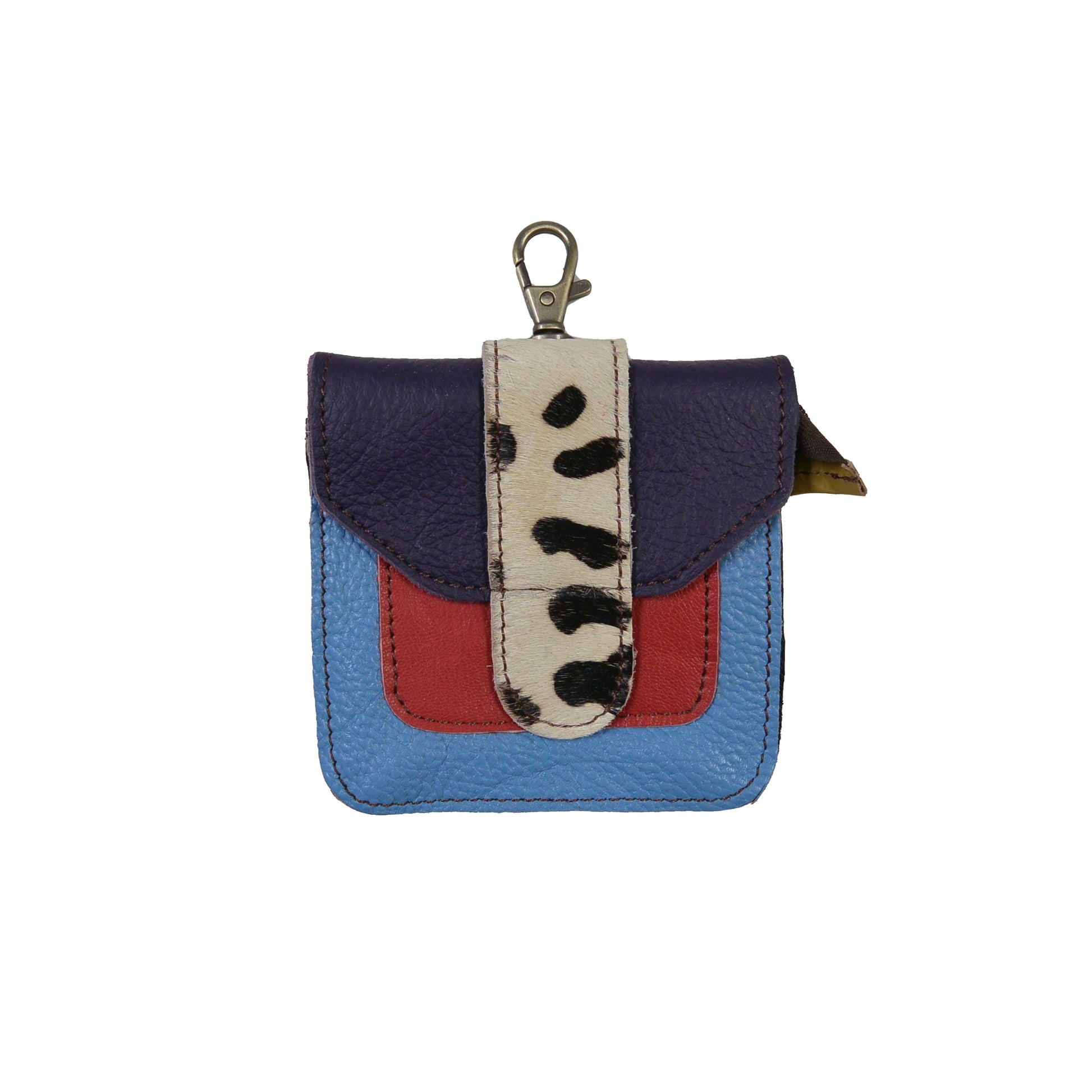 Kleines Leder Portemonnaie mit Karabiner in Blau-Rot-Schwarz und Zebra-Print Klappe – Nijens