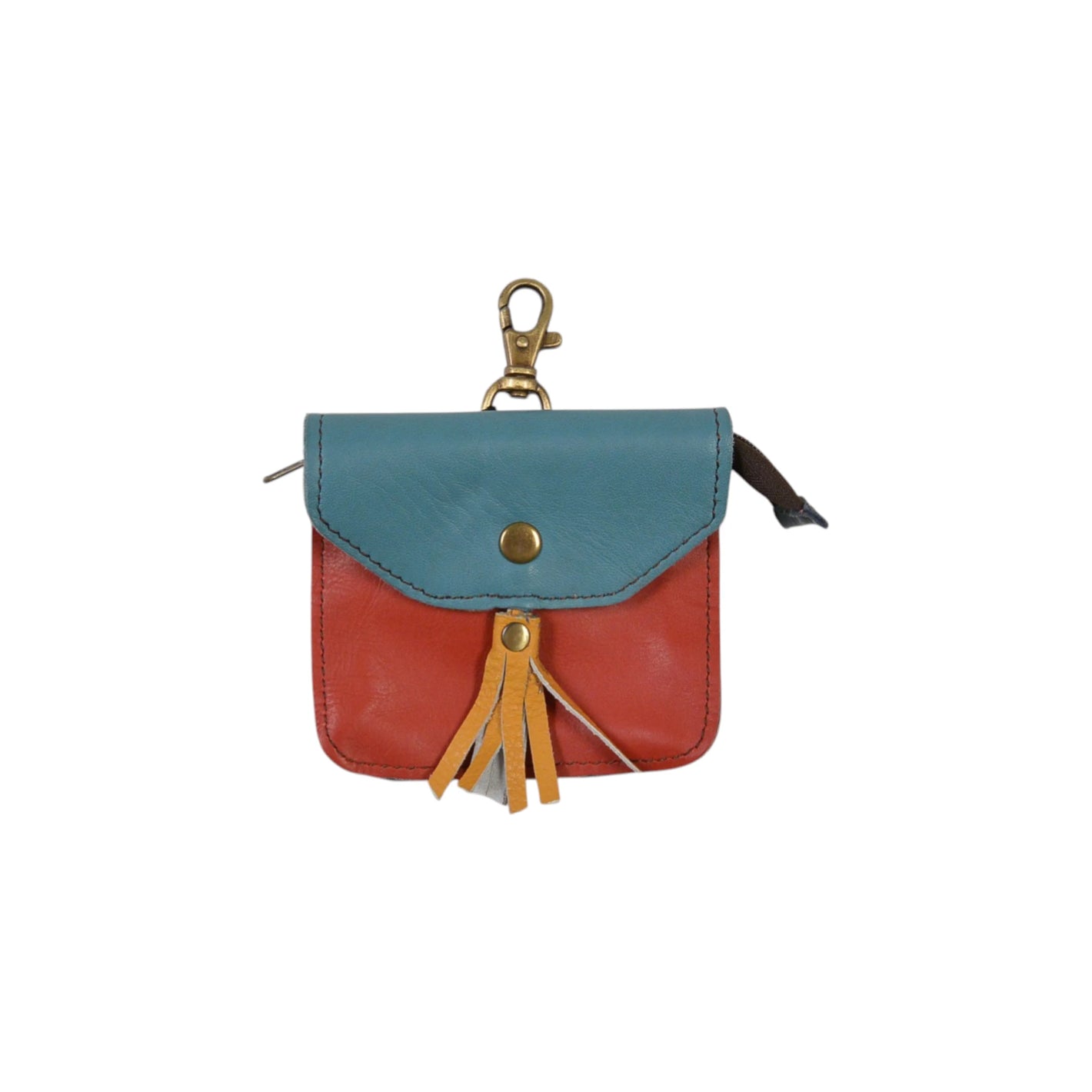 Kleiner bunter Leder-Geldbeutel mit Karabiner, Druckknopfklappe und Reißverschlussfach in Farbmix-Design Blau-Rot