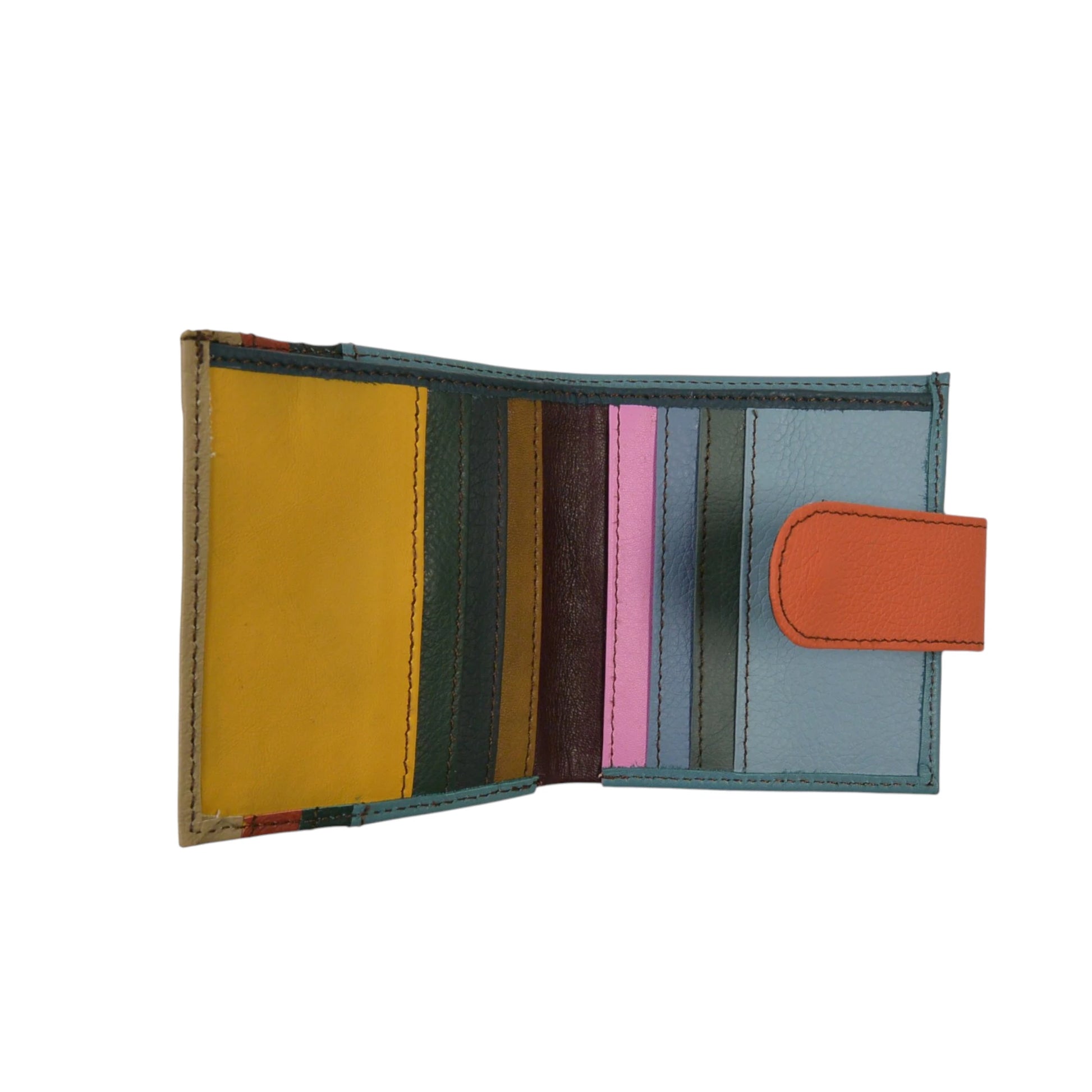Kleiner Leder-Geldbeutel im Patchwork-Look mit bunten Kartensteckfächern im Inneren. 