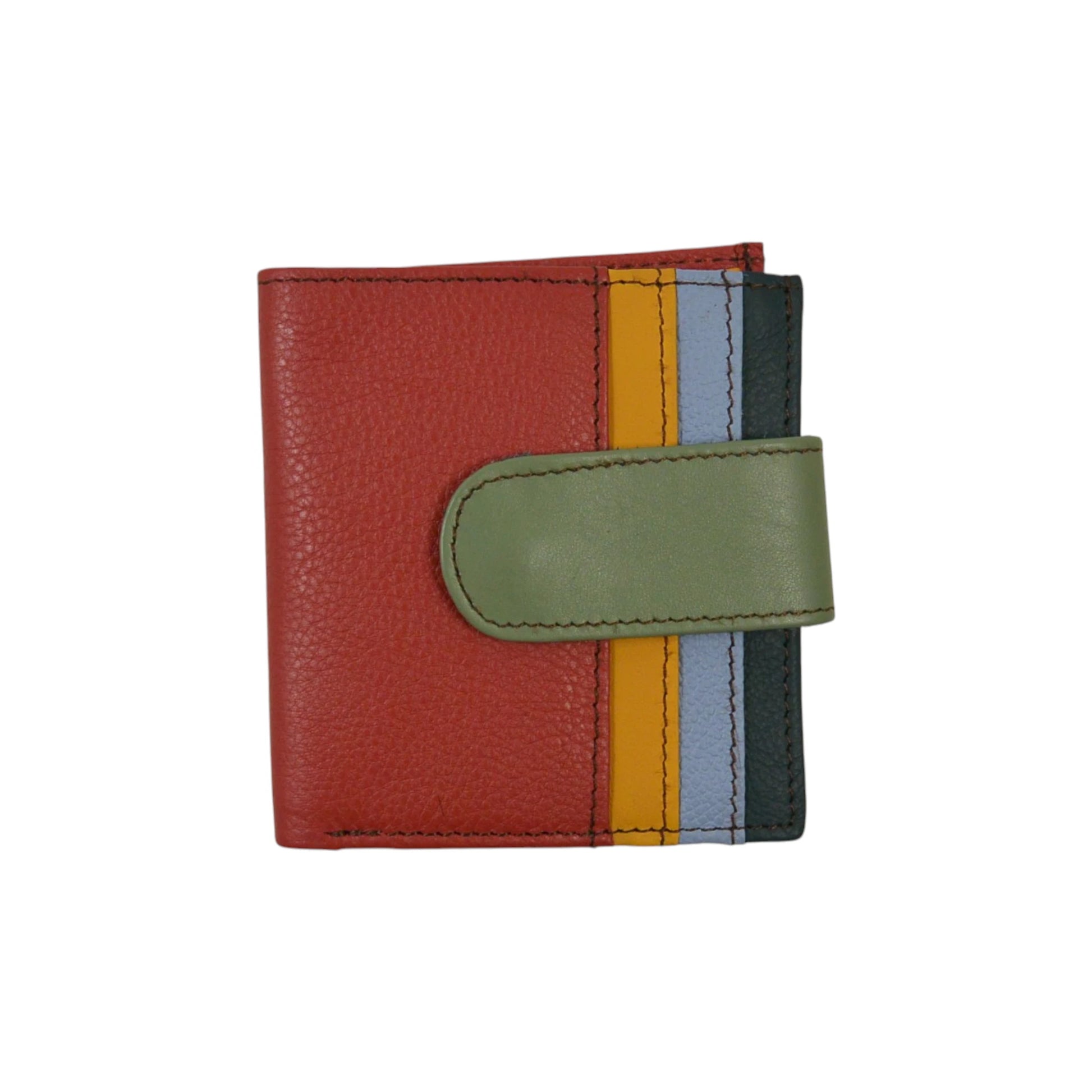 Kleiner Leder-Geldbeutel im Patchwork-Look mit Außenmaterial in Rot, grüner Lasche und bunten Kartensteckfächern im Inneren