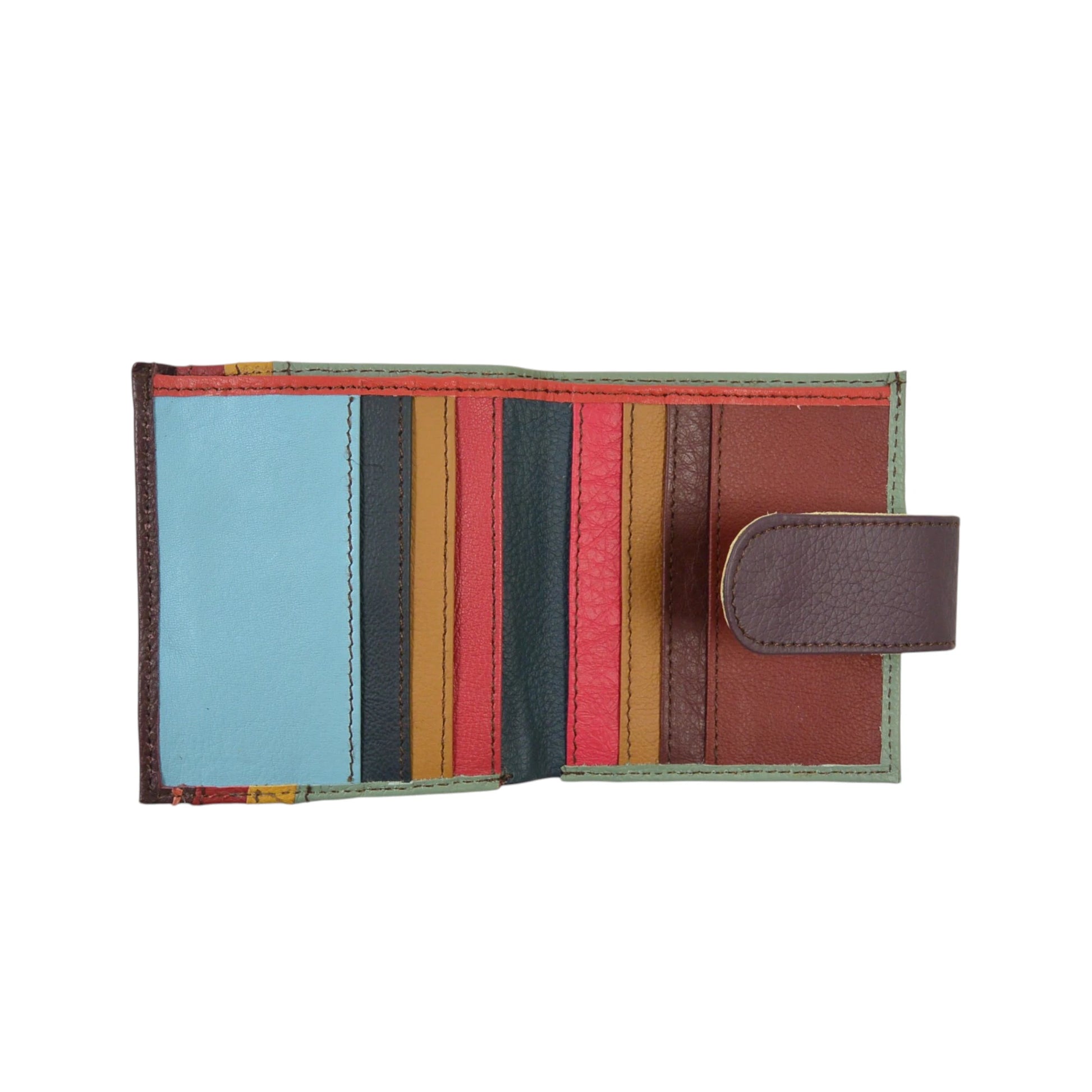 Kleiner Leder-Geldbeutel im Patchwork-Look mit bunten Kartensteckfächern im Inneren. Bild 4.