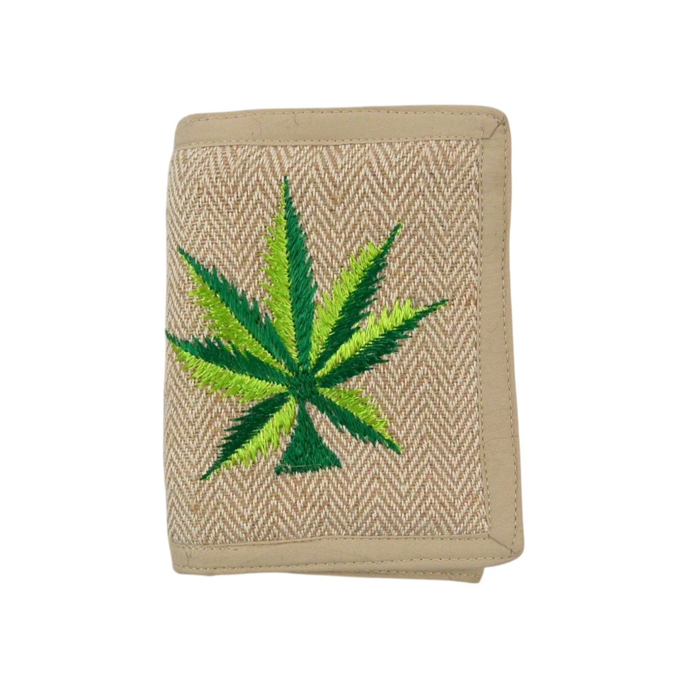 Geschlossenes Stoff-Portemonnaie aus Hanf in Beige mit grüner Blatt-Stickerei