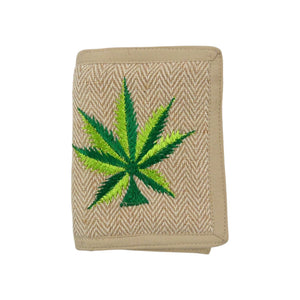 Geschlossenes Stoff-Portemonnaie aus Hanf in Beige mit grüner Blatt-Stickerei