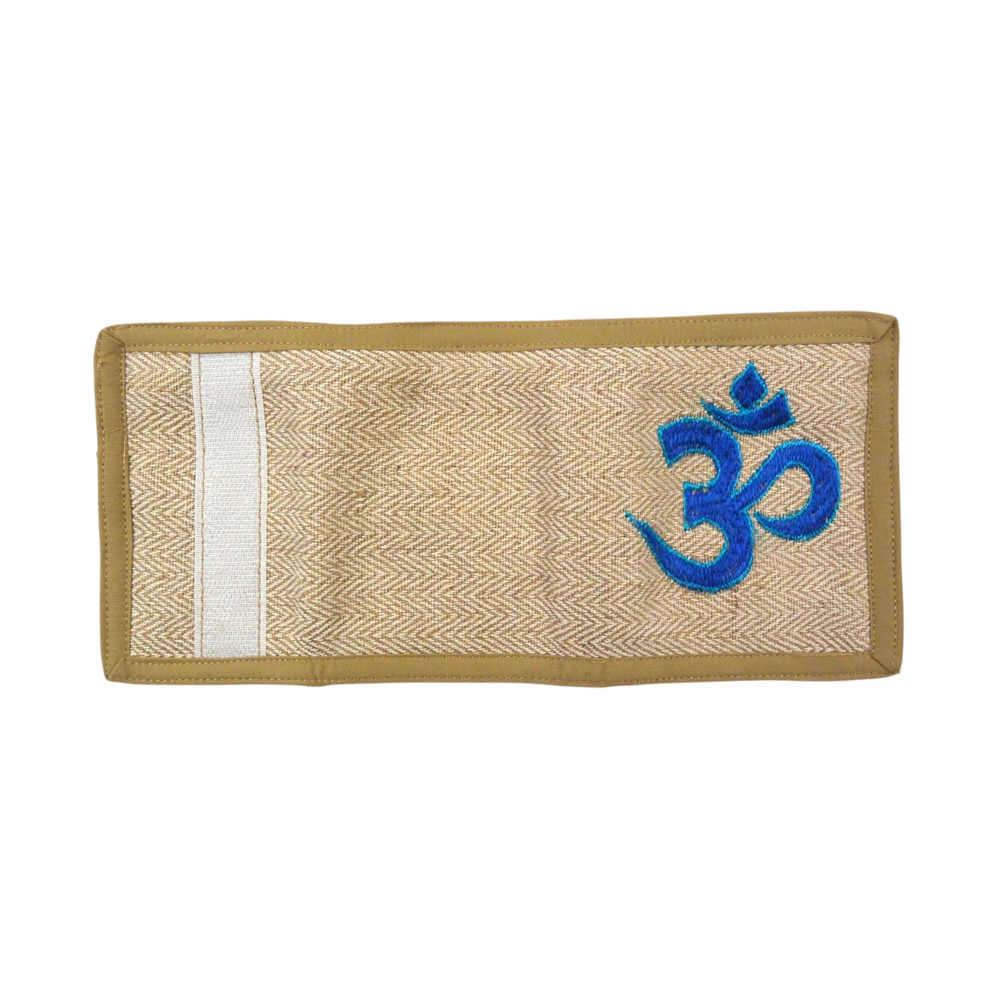Stoff-Portemonnaie aus 100 % Hanf in Beige mit blau-türkiser Om-Stickerei. Bild 2