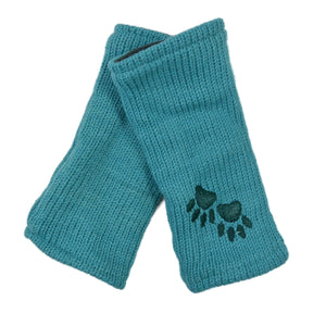 Pulswärmer, Armstulpen aus Schurwolle Türkis mit Pfoten-Stickerei