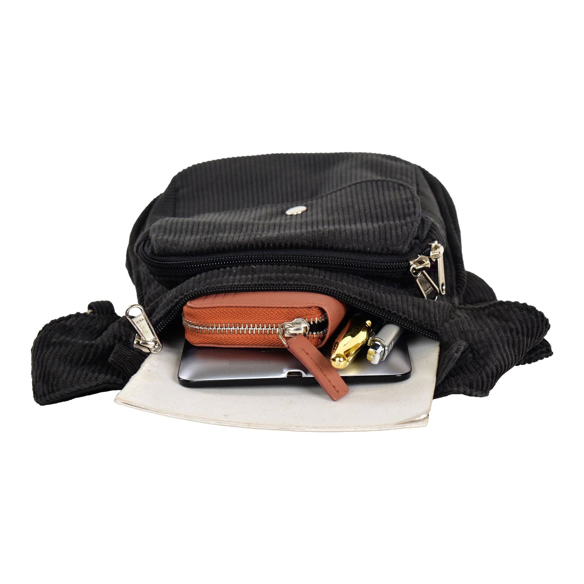Gürteltasche, Gassi-Tasche aus Cord Grau. Das Hauptfach und vordere Reißverschlussfach bietet Platz für Handy, Portemonnaie und andere Kleinigkeiten.