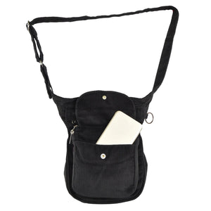 Gürteltasche, Gassi-Tasche aus Cord Grau. Der Taschengurt ist größenverstellbar und das Einsteckfach vorne bietet Platz fürs Handy und wird durch einen Überschlag mit Druckknopf verschlossen.