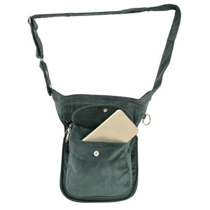 Gürteltasche, Gassi-Tasche aus Cord Olivgrün. Der Taschengurt ist größenverstellbar und das Einsteckfach vorne bietet Platz fürs Handy und wird durch einen Überschlag mit Klett und Druckknopf verschlossen.