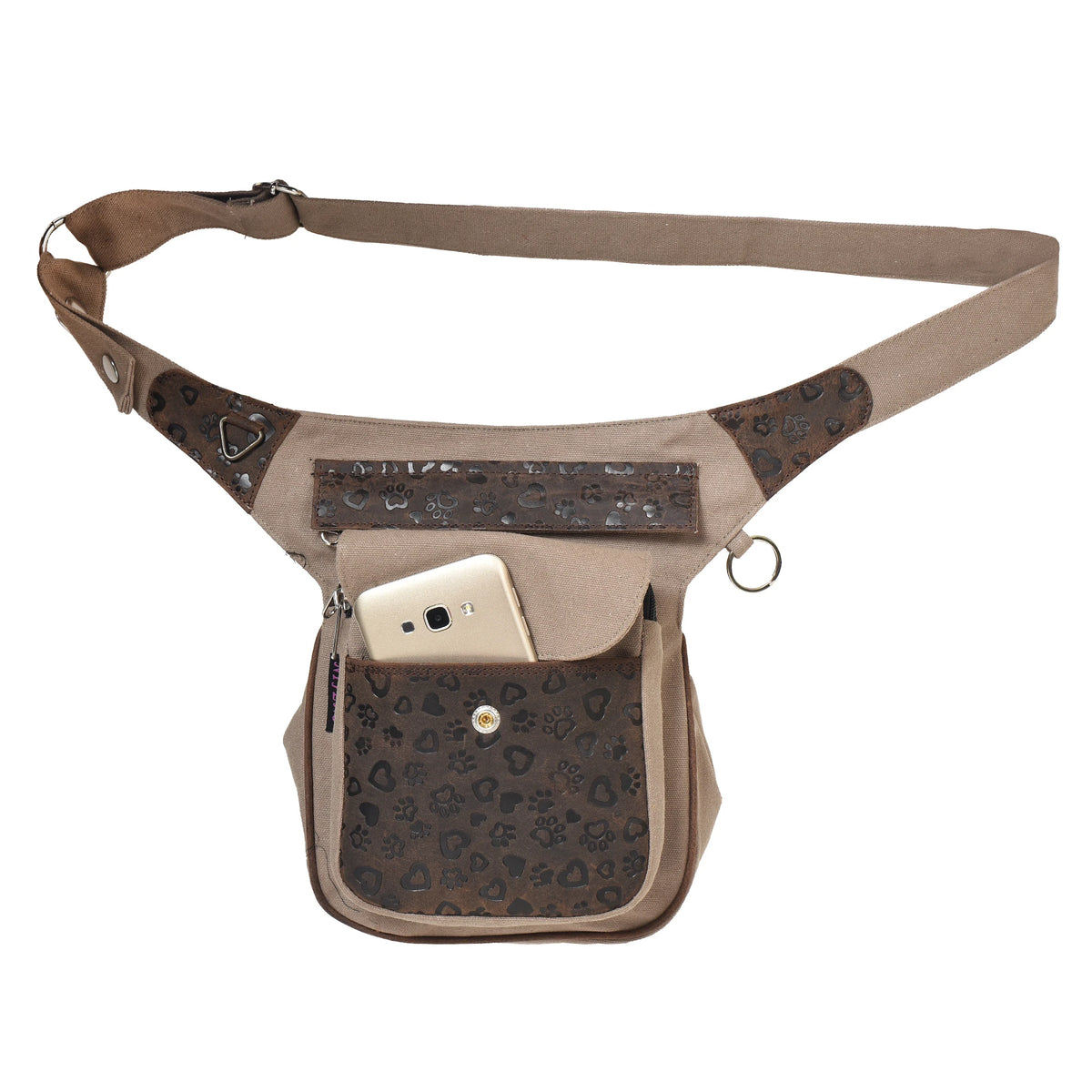 Nijens Gassi-Tasche aus Canvas und Leder mit braunem Herz- und Pfotenmuster – Handyfach.