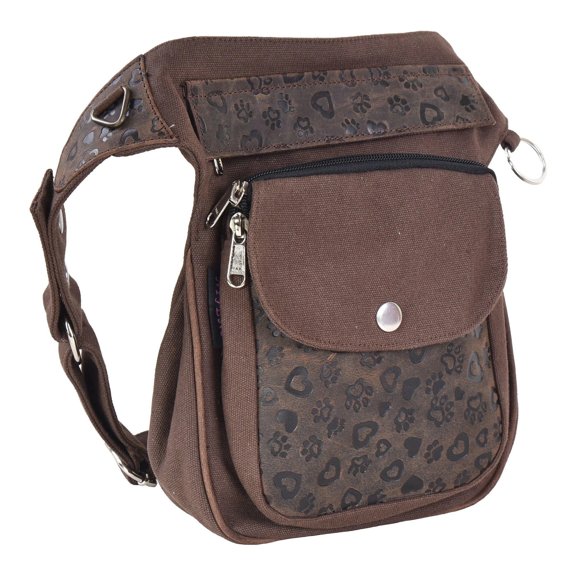 Gassi-Tasche Leder Schokoladenbraun mit Pfoten- und Herzprägungen 