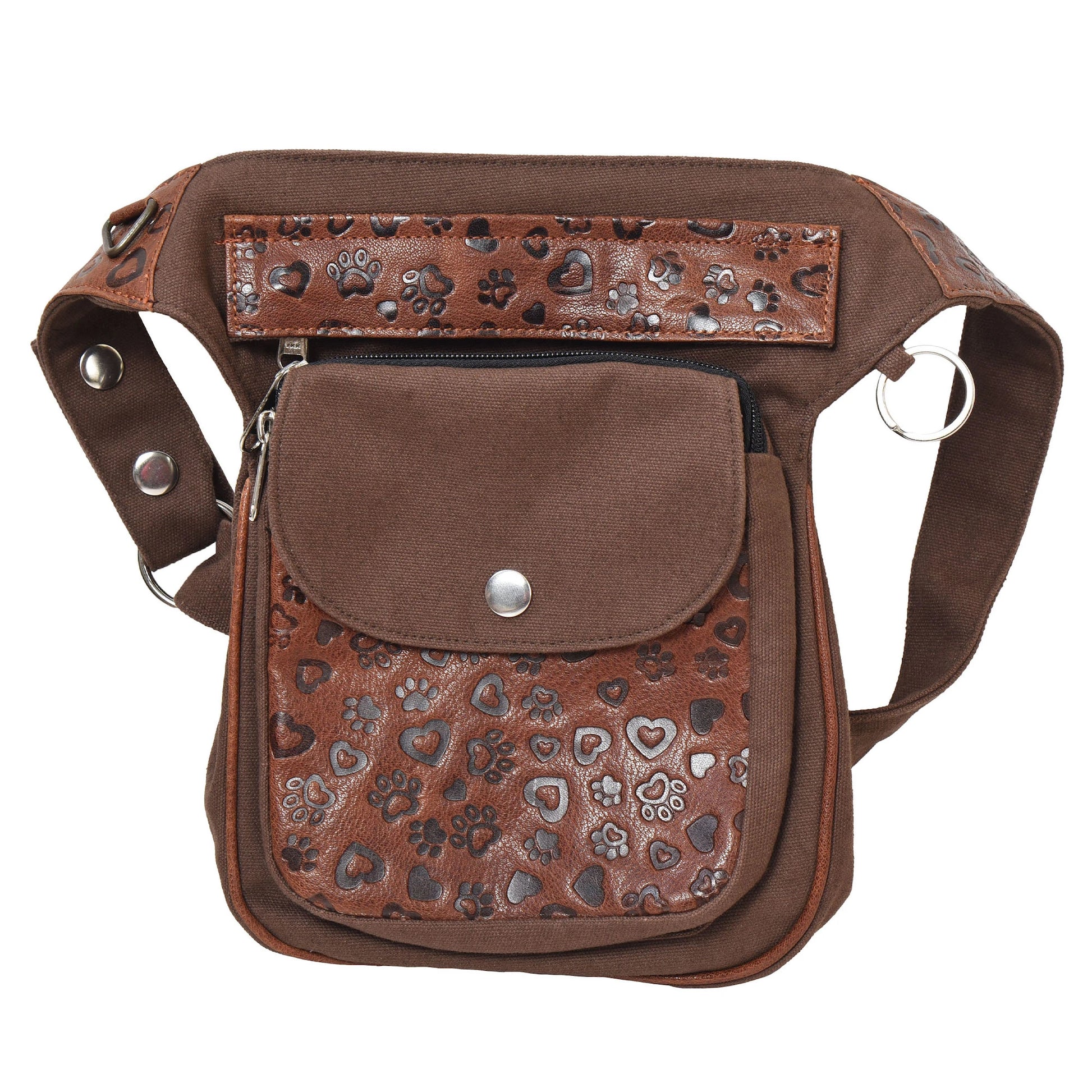Braune Leder-Hüfttasche mit Pfotenherz-Prägung. Frontansicht.