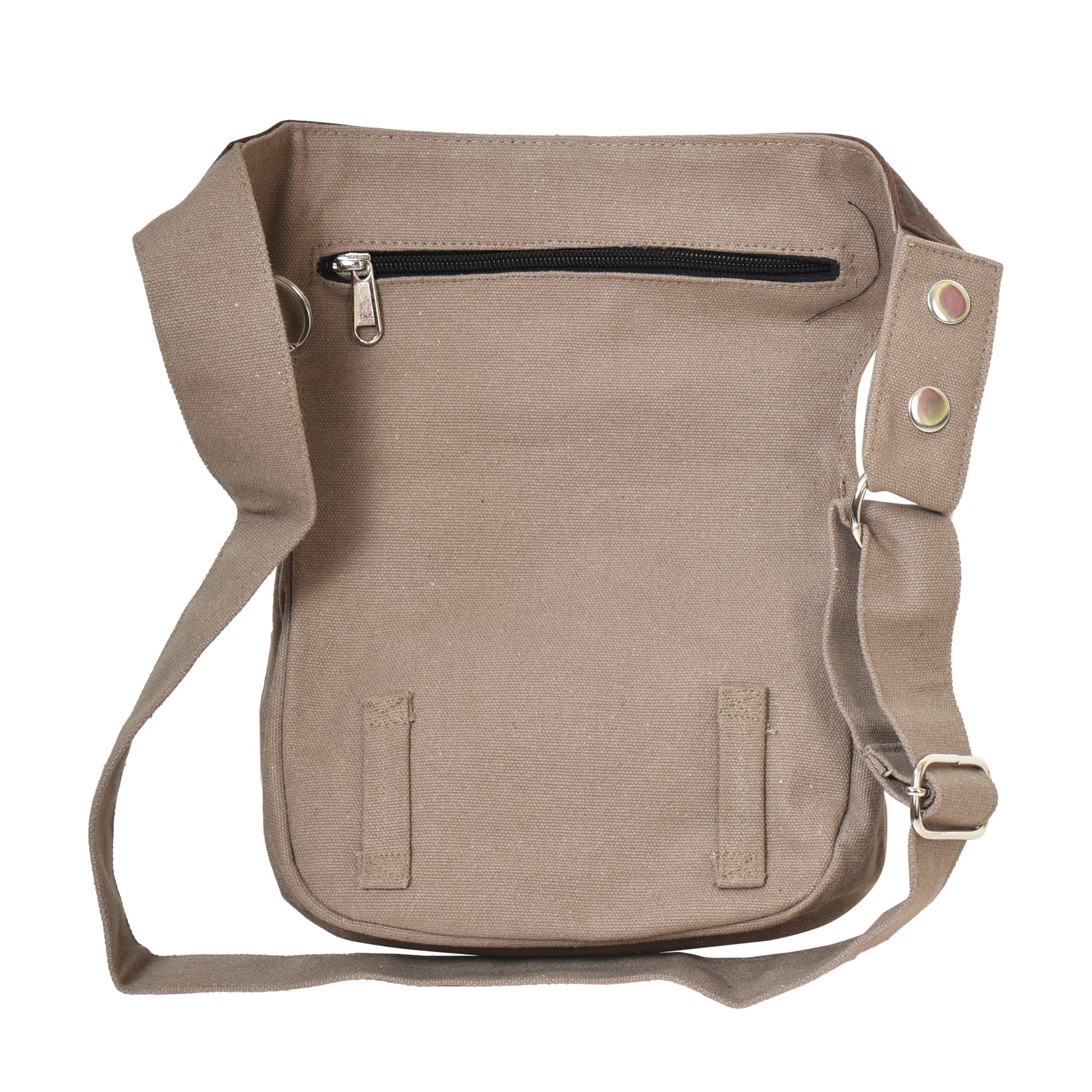 Rückseite der Nijens Hannover Canvas Hüfttasche in Beige mit Reißverschlussfach und Schlaufen für Beingurt