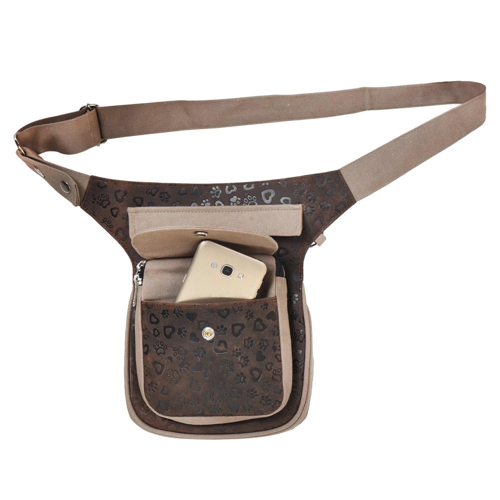 Gassi-Tasche Hannover in Beige-Braun mit Herz- und Pfotenmuster, Frontfach mit Handy 