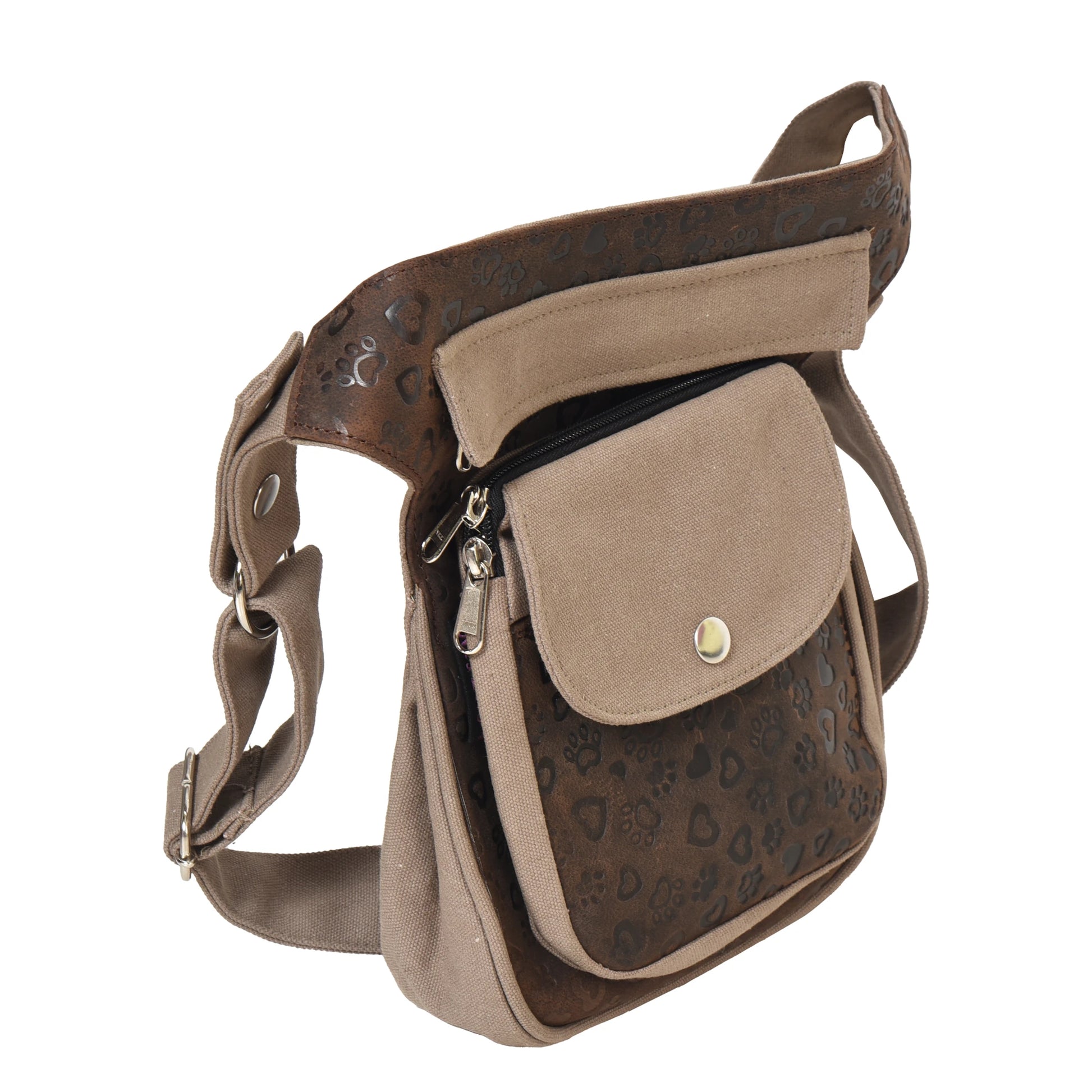 Gassi-Tasche Hannover Canvas in Beige-Braun und Leder mit Herz- und Pfotenmuster– Seitenansicht