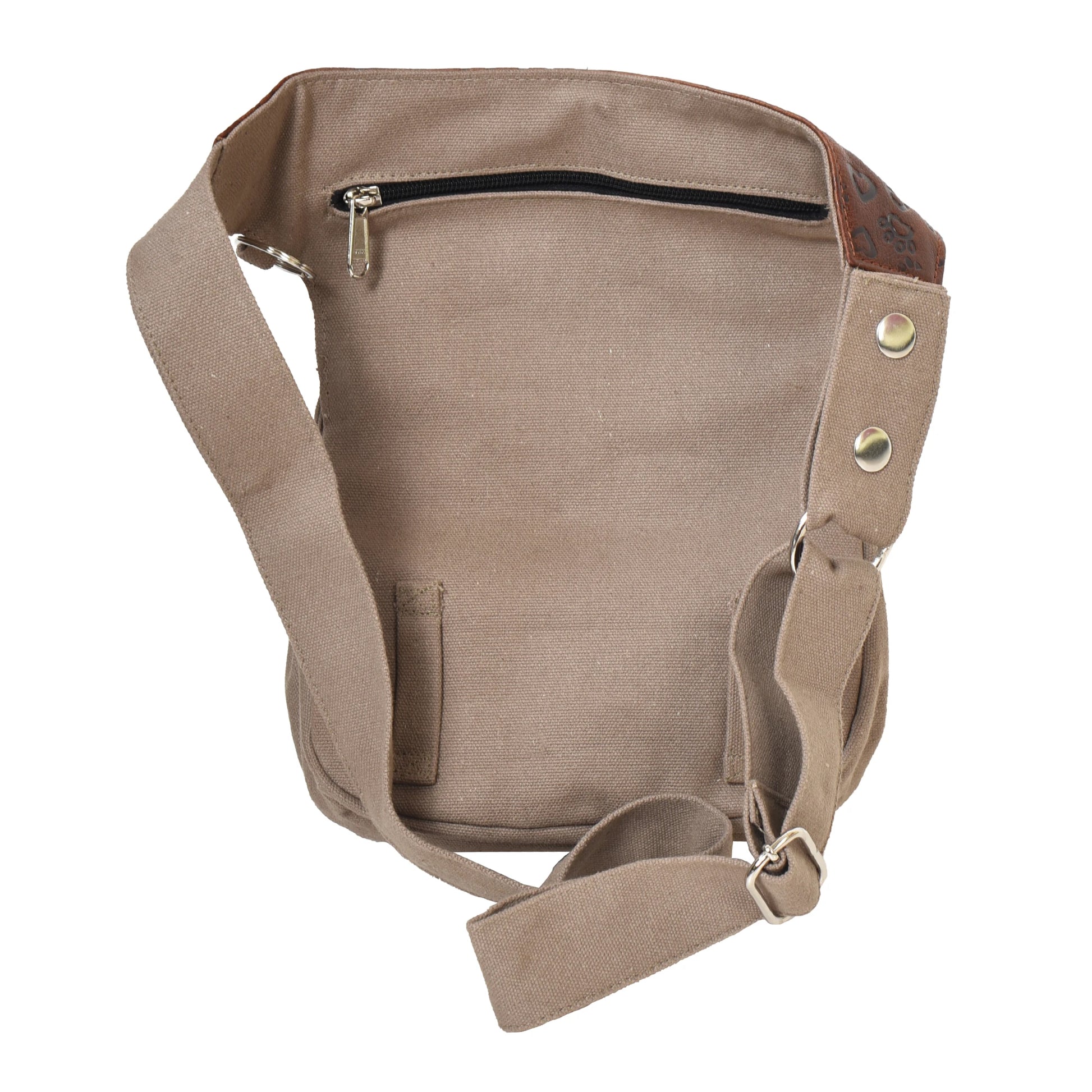 Rückseite der Nijens Hannover Canvas Hüfttasche in Beige mit Reißverschlussfach und Schlaufen für Oberschenkelgürtel