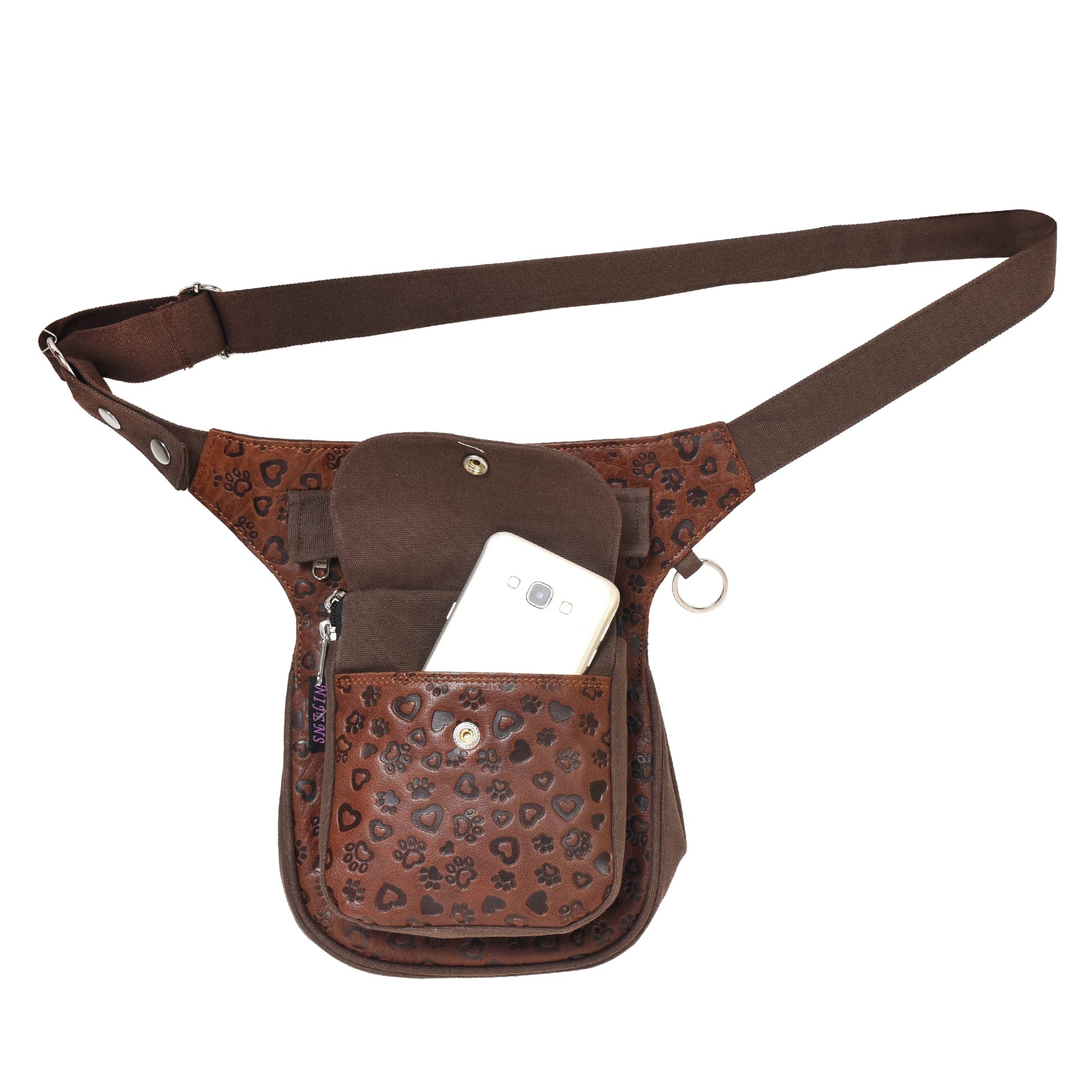 Braune Hüfttasche mit Leder Pfotenherz-Prägung, verstellbarem Gurt und Handyfach