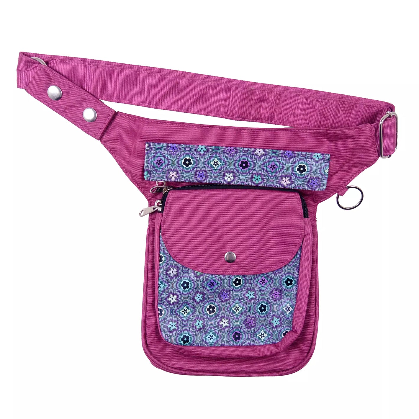 Gürteltasche aus wasserabweisenden Stoff Pink, mit einem Ring zum Befestigen von kleinen Sachen. Diese Tasche verfügt über zwei Reißverschlussfächer und einem Einsteckfach vorne.