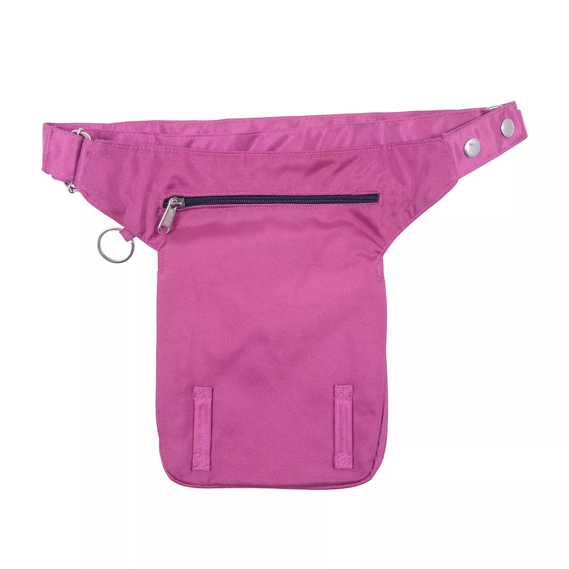 Gürteltasche aus wasserabweisenden Stoff Pink, mit einem Reißverschlussfach hinten und zwei Gürtelschlaufen zur Befestigung eines Oberschenkelgurts.