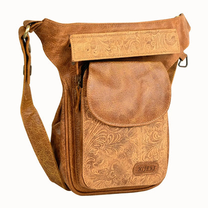 Leder Gassi-Tasche mit Blumenprägung (Senf Farbe)