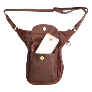 Nijens Leder Gassi-Tasche mit Blumenprägung Kastanienbraun 22