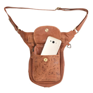 Gassi-Tasche aus Leder mit Blumenprägung (Brandy Farbe), Handy-Tasche Nijens