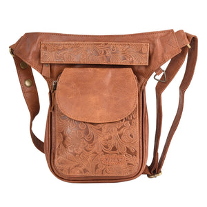 Gassi-Tasche aus Leder mit Blumenprägung (Brandy Farbe)