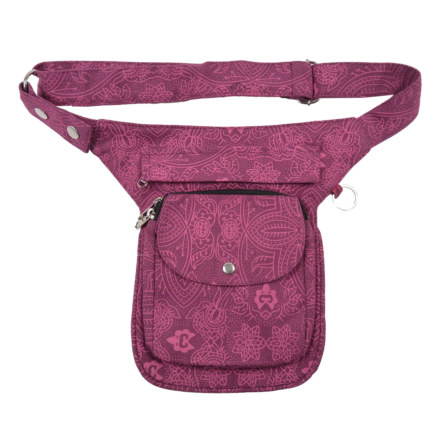 Gassi-Tasche, Bauchtasche und Gürteltasche aus Canvas-Stoff Rosa mit floralem Muster. Diese Gürteltasche hat zwei Reißverschlussfächer vorne sowie ein Einsteckfach, welches durch einen Überschlag mit Druckknopf verschlossen wird. Auf der hinteren Seite befindet sich ein weiteres Reißverschlussfach. An der Seite des Taschengurtes befindet sich ein kleiner Metallring zum Anhängen kleiner Beuteltaschen.