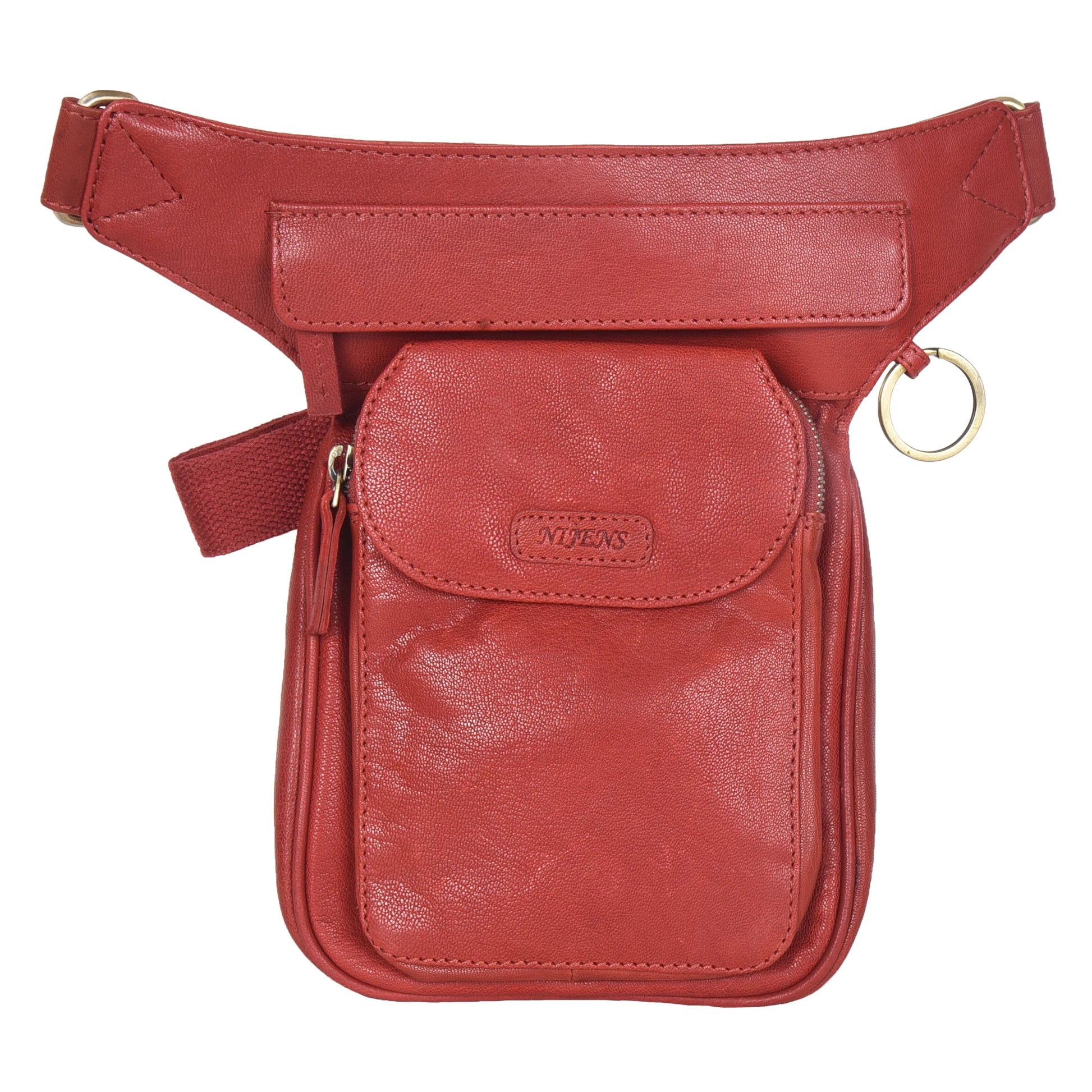 Gürteltasche, Gassi-Tasche Leder Rot, mit einem Ring zum Befestigen von kleinen Sachen. Diese Tasche verfügt über zwei Reißverschlussfächer und einem Einsteckfach vorne.