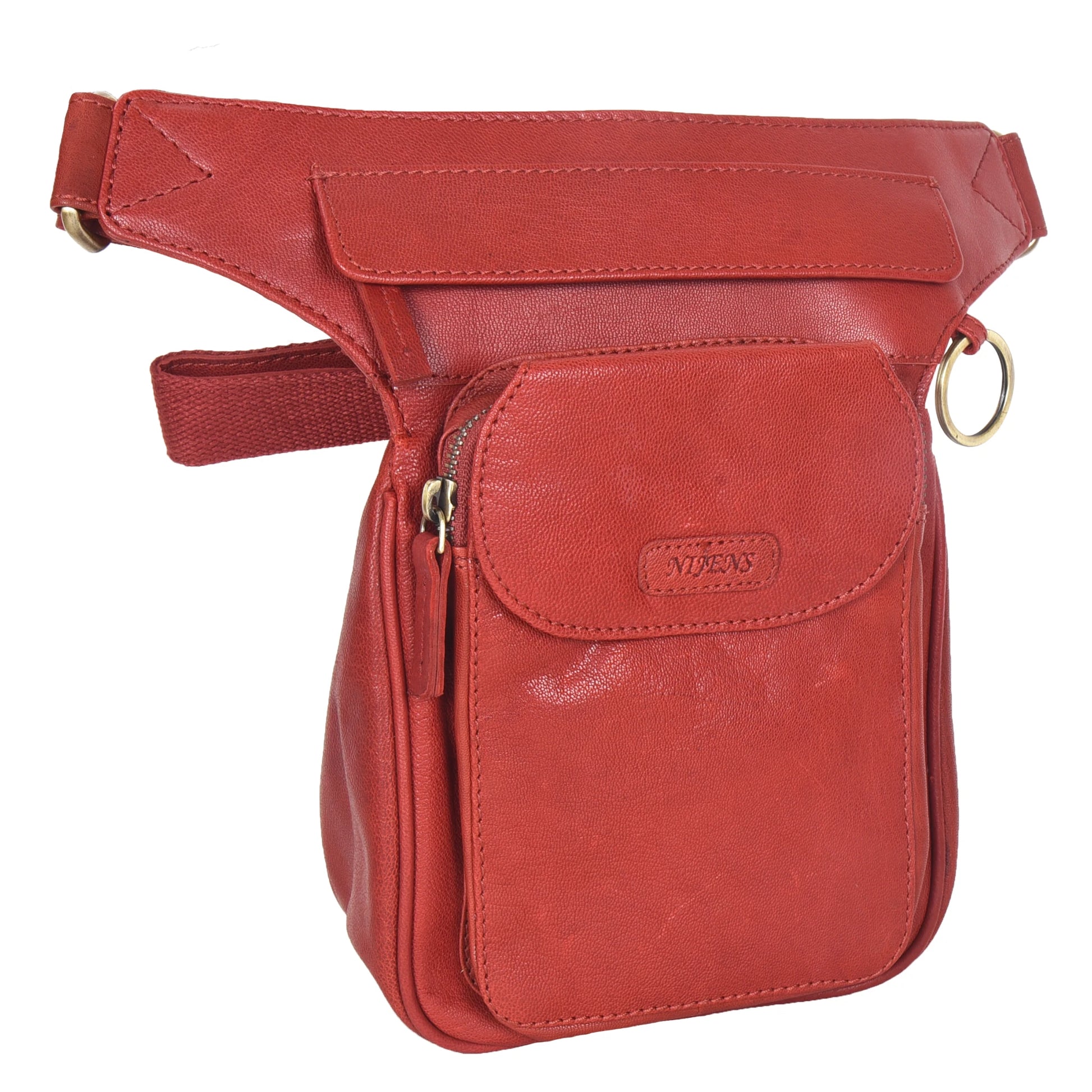 Gürteltasche, Gassi-Tasche Leder Rot, mit einem Ring zum Befestigen von kleinen Sachen. Diese Tasche verfügt über drei Reißverschlussfächer und einem Einsteckfach vorne welches durch einen Überschlag mit Druckknopf verschließbar ist.