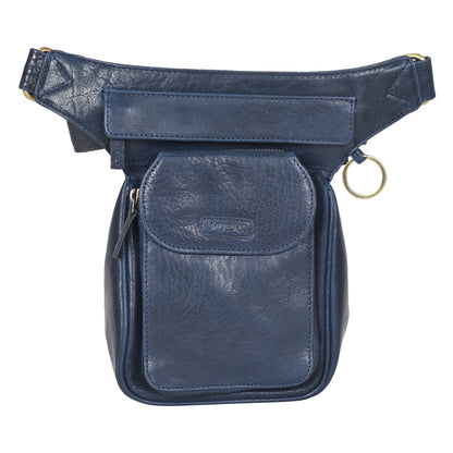 Gassi-Tasche, Gürteltasche Leder Navy Blau, mit einem Ring zum Befestigen von kleinen Sachen. Diese Tasche verfügt über zwei Reißverschlussfächer und einem Einsteckfach vorne.