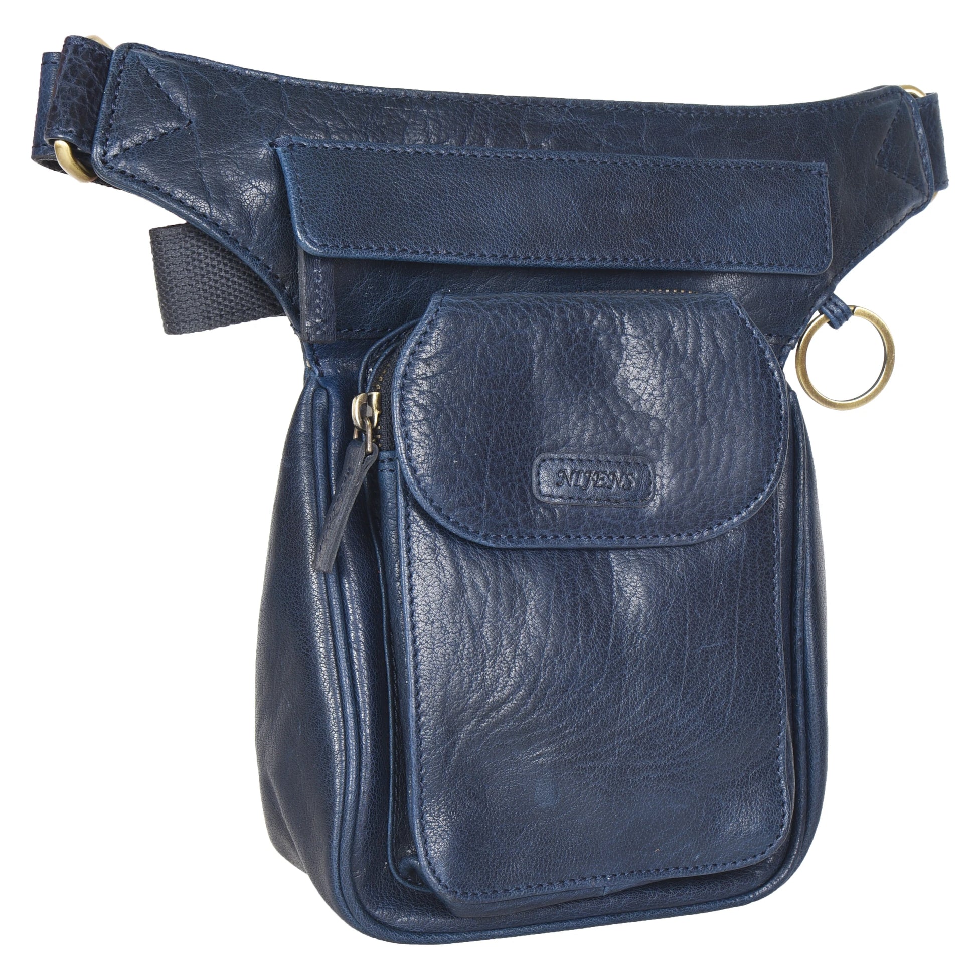 Gassi-Tasche, Gürteltasche Leder Navy Blau, mit einem Ring zum Befestigen von kleinen Sachen. Diese Tasche besitzt zwei Reißverschlussfächer und ein Einsteckfach vorne, welches durch einen Überschlag mit Druckknopf verschließbar ist.
