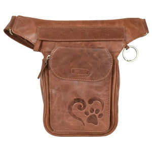 Gassi-Tasche, Gürteltasche aus TAN braunem Leder, mit Pfote und Herz, mit Metallring an der Seite zum Anhängen von kleinen Sachen und zwei Reißverschlussfächern vorne