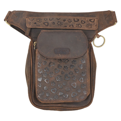 Gürteltasche aus Leder Vintage Braun mit Pfoten&Herzprägungen und Ring an der Seite zum Befestigen von kleinen Sachen.