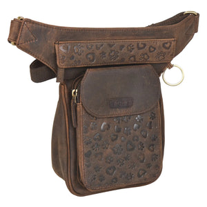 Gürteltasche Leder Vintage Braun mit Pfoten&Herzprägungen - Gürteltasche S-XXXL