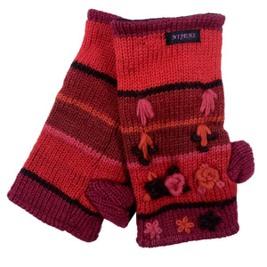 Schurwolle Strickstulpen mit Daumen, Pulswärmer. Gestreift mit aufgestickten Blumen. In verschiedenen Rottönen.