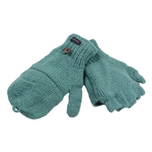 Fingerlose Handschuhe aus Schurwolle in Mint mit Fleeceeinlage. Durch eine umklappbare Fingerabdeckung können die fingerlosen Handschuhe auch als Fäustlinge getragen werden.