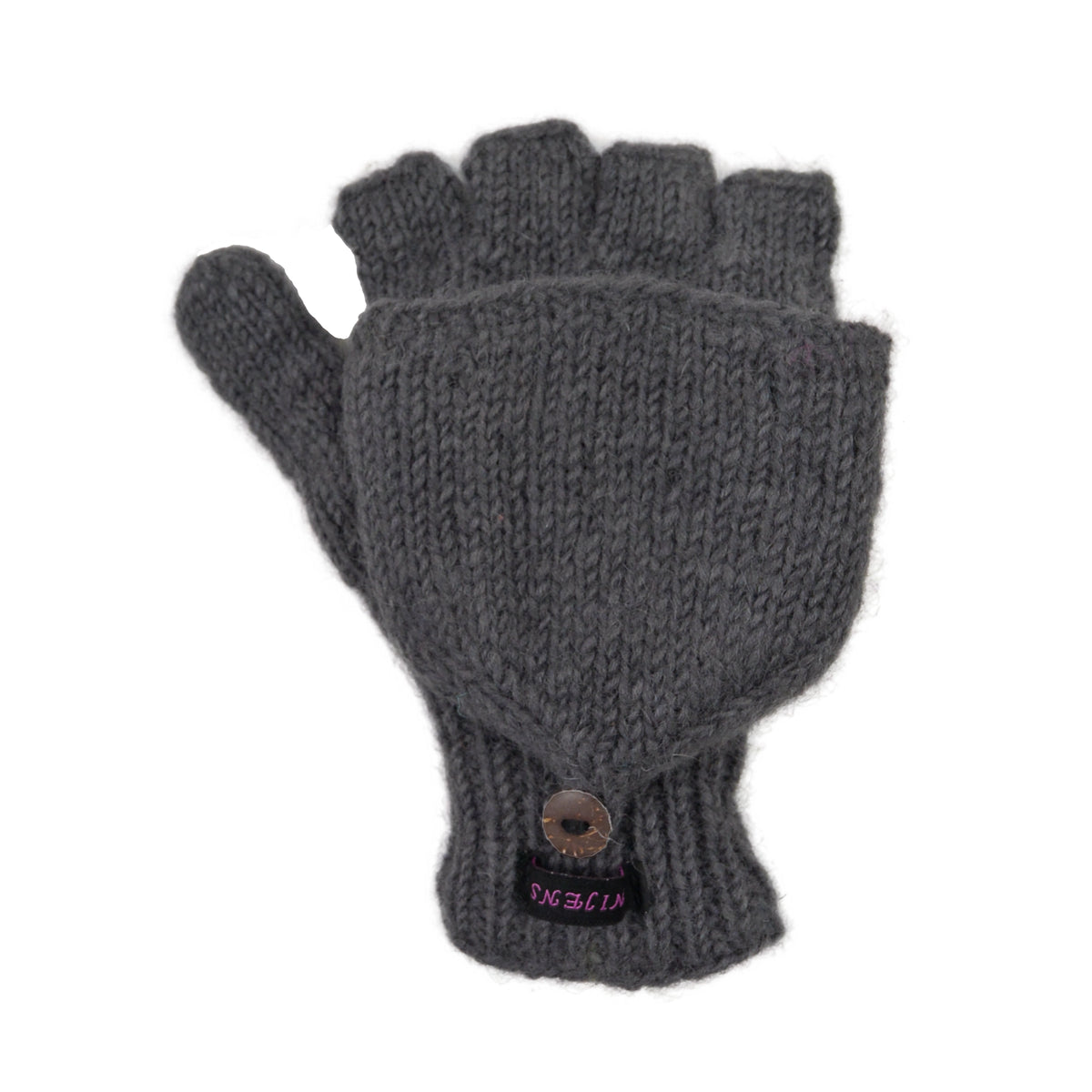 Schurwolle in Anthrazit. Durch eine umklappbare Fingerabdeckung können die fingerlosen Handschuhe auch als Fäustlinge getragen werden.
